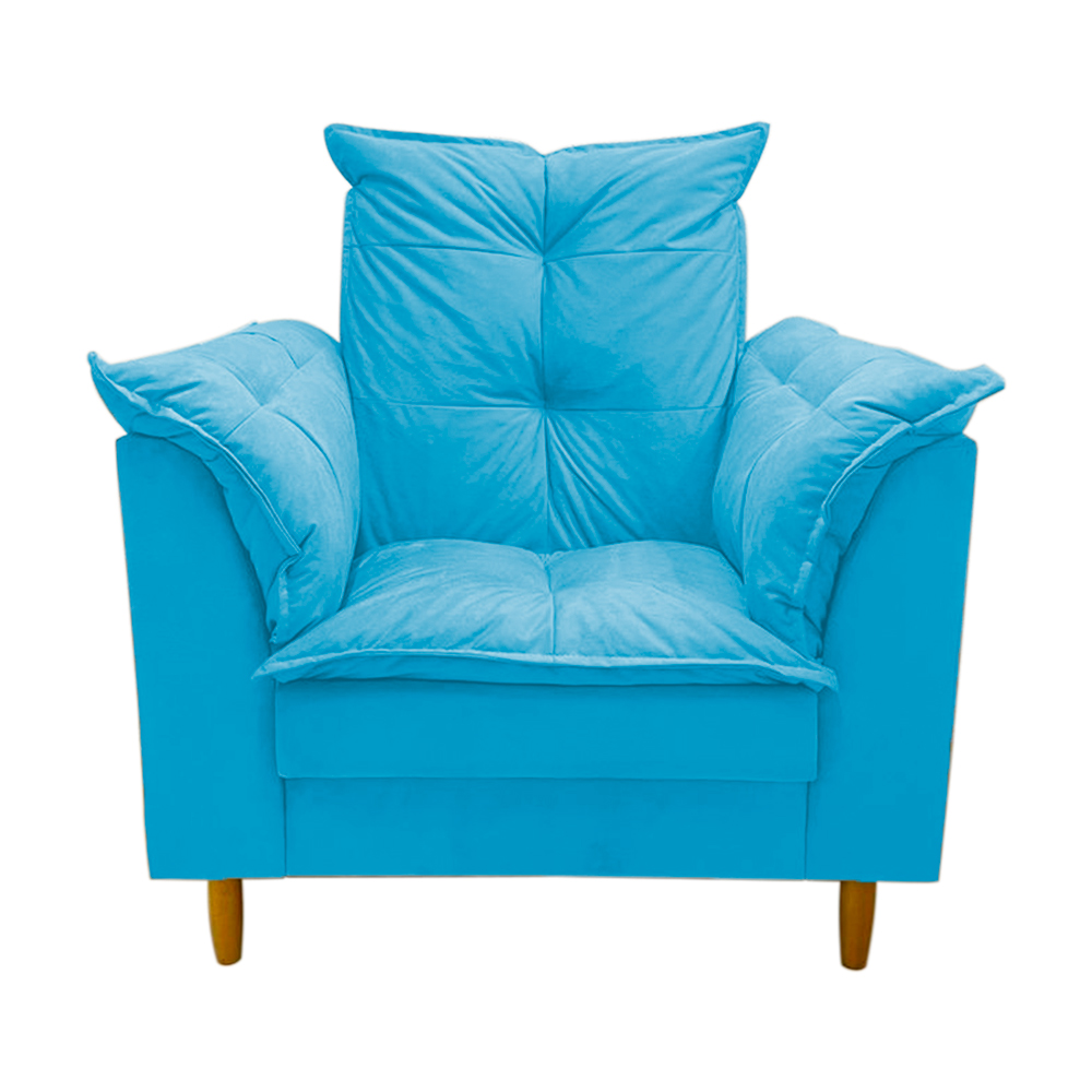 Poltrona de Amamentação + Puff Luana Pés Madeira Suede Azul Tiffany
