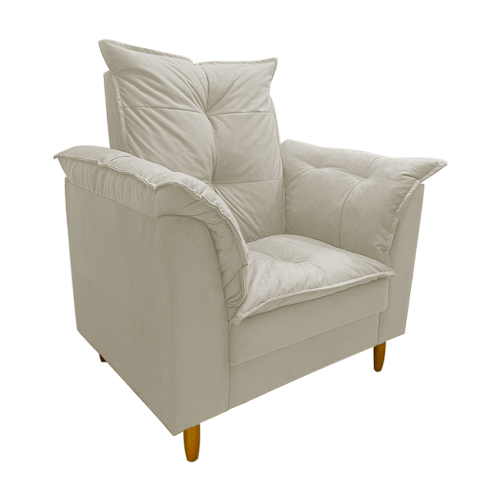 Poltrona de Amamentação + Puff Luana Pés Madeira Suede Bege Claro