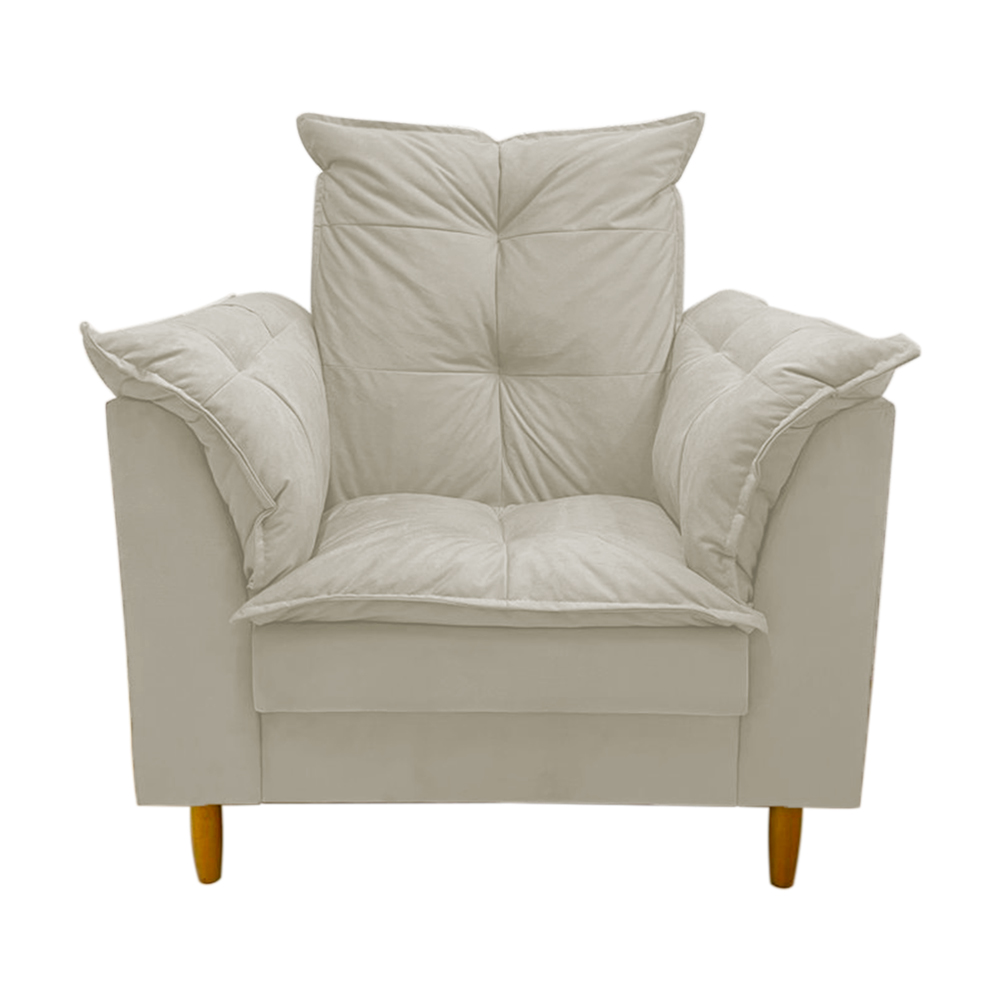 Poltrona de Amamentação + Puff Luana Pés Madeira Suede Bege Claro