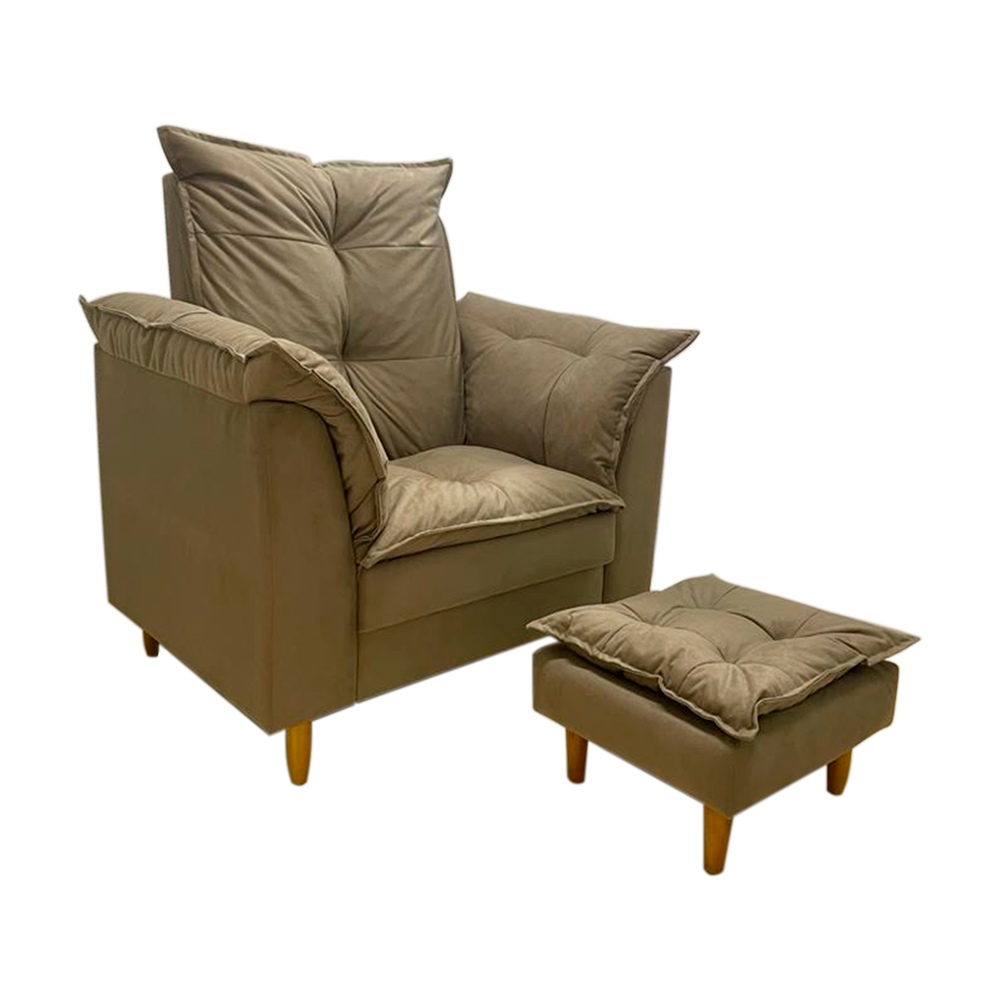 Poltrona de Amamentação + Puff Luana Pés Madeira Suede Cappuccino