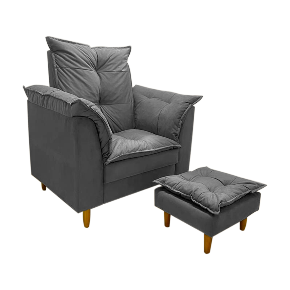 Poltrona de Amamentação + Puff Luana Pés Madeira Suede Cinza