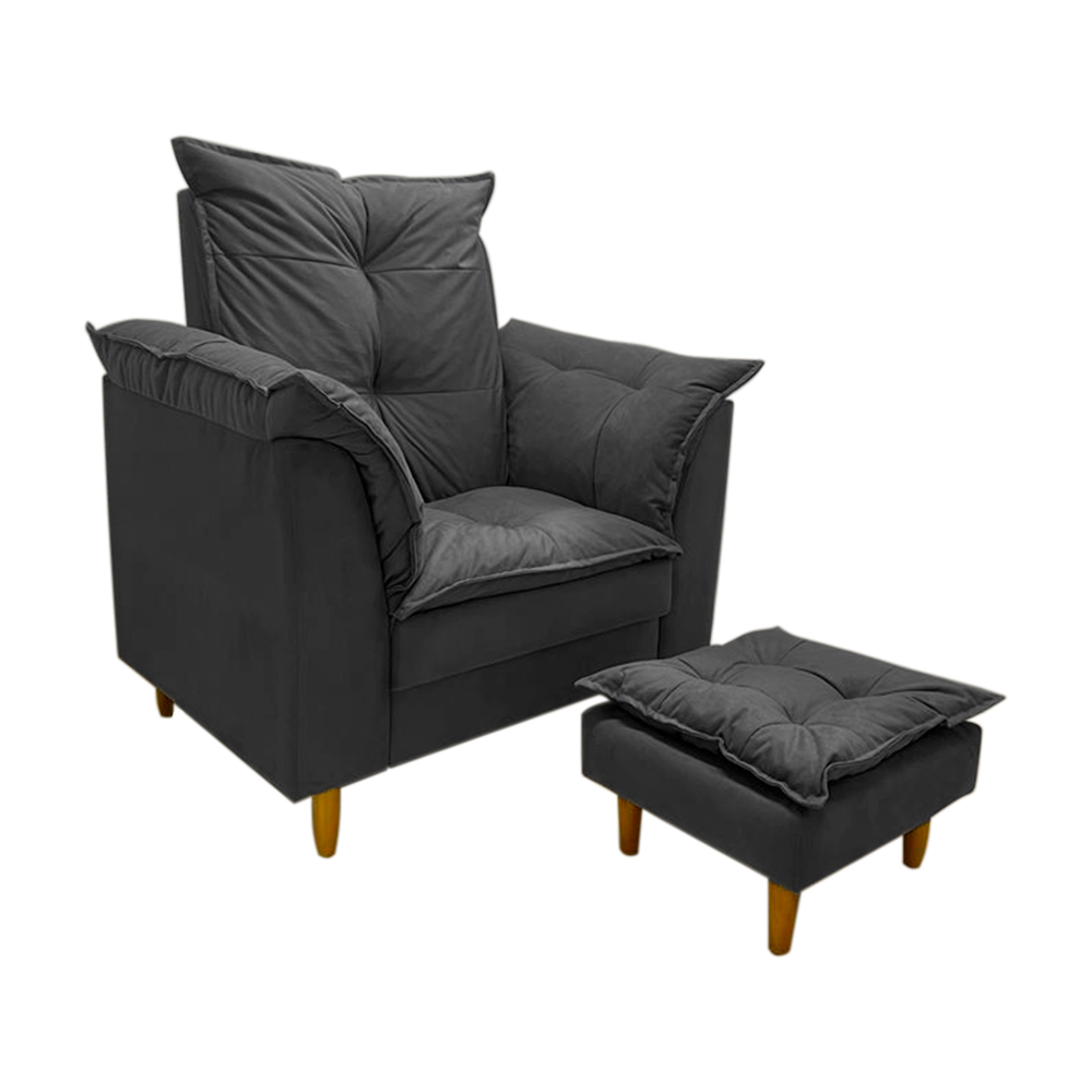 Poltrona de Amamentação + Puff Luana Pés Madeira Suede Cinza Grafite