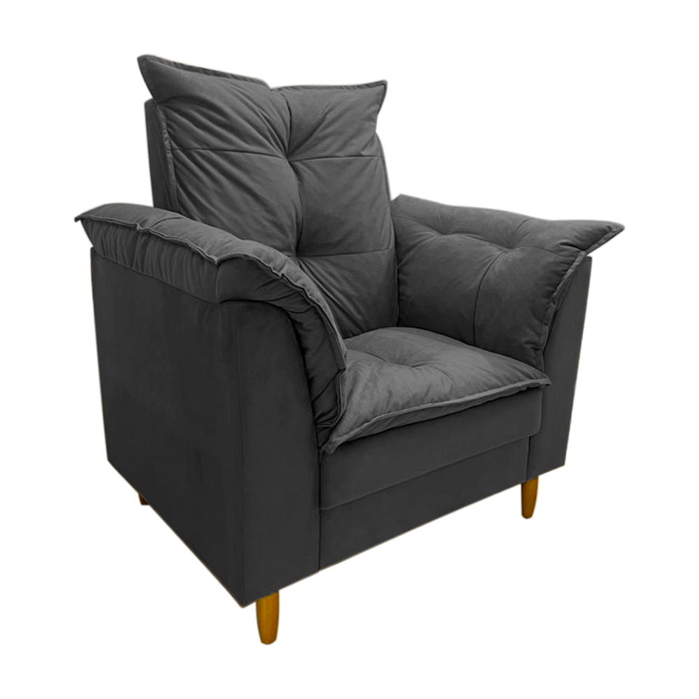 Poltrona de Amamentação + Puff Luana Pés Madeira Suede Cinza Grafite