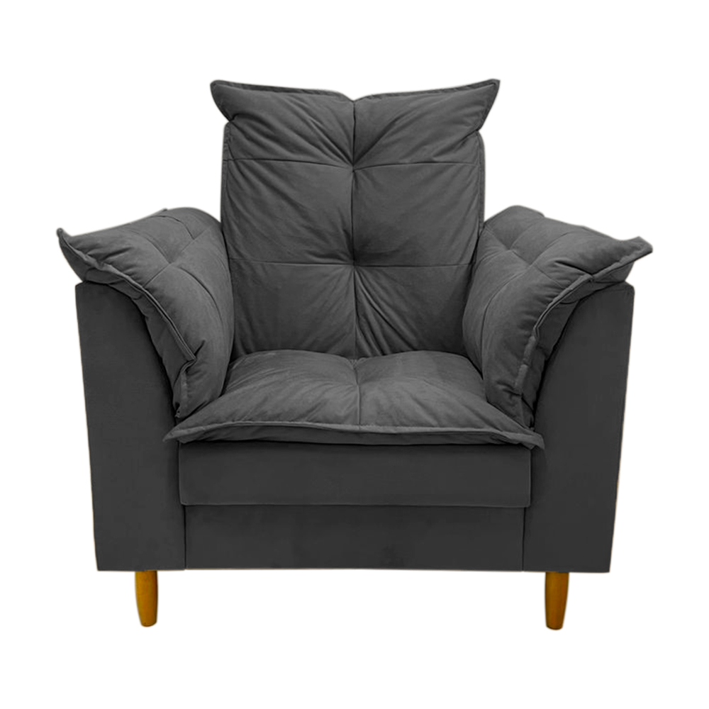 Poltrona de Amamentação + Puff Luana Pés Madeira Suede Cinza Grafite
