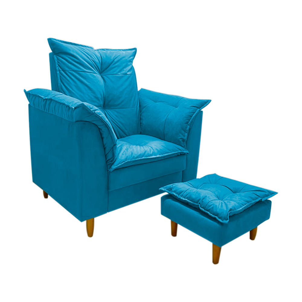 Poltrona de Amamentação + Puff Luana Pés Madeira Suede Turqueza