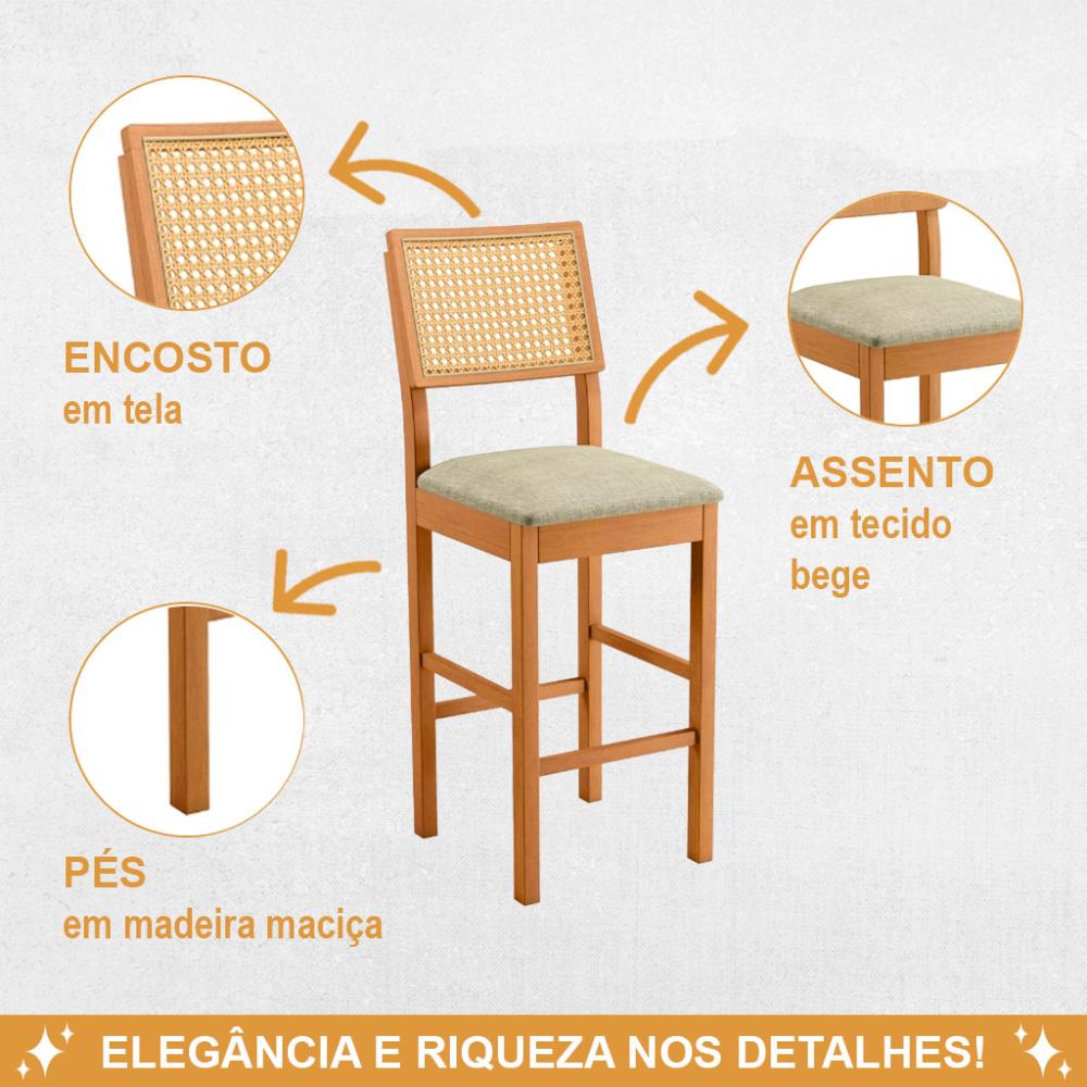 Banqueta Jade 03 Madeira Maciça JCM Encosto Rattan e Linho Bege