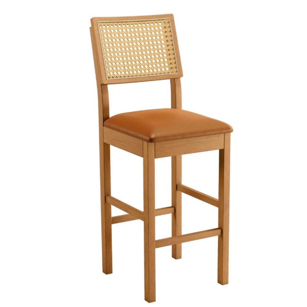 Banqueta Jade 03 com Rattan Couro Caramelo Pés em Madeira JCM