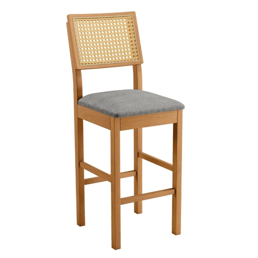 Banqueta Jade 03 com Rattan Linho Cinza Pés em Madeira JCM