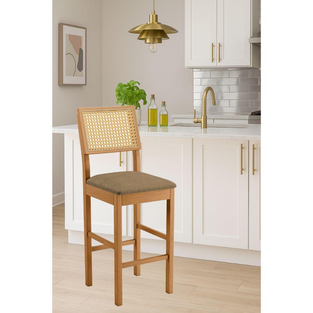 Banqueta Jade 03 com Rattan Linho Marrom Pés em Madeira JCM