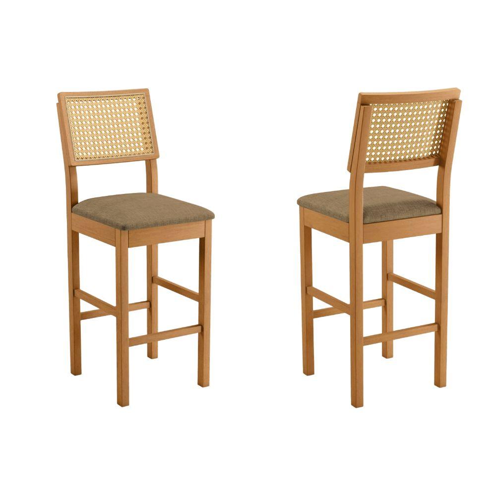 Banqueta Jade 03 com Rattan Linho Marrom Pés em Madeira JCM
