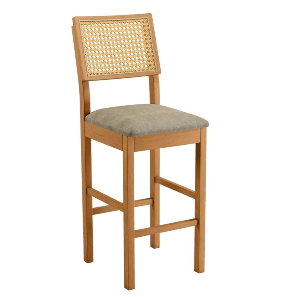 Banqueta Jade 03 com Rattan Veludo Bege Pés em Madeira JCM