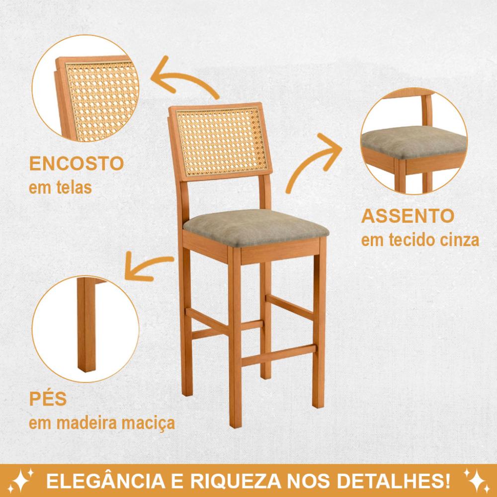 Banqueta Jade 03 com Rattan Veludo Bege Pés em Madeira JCM