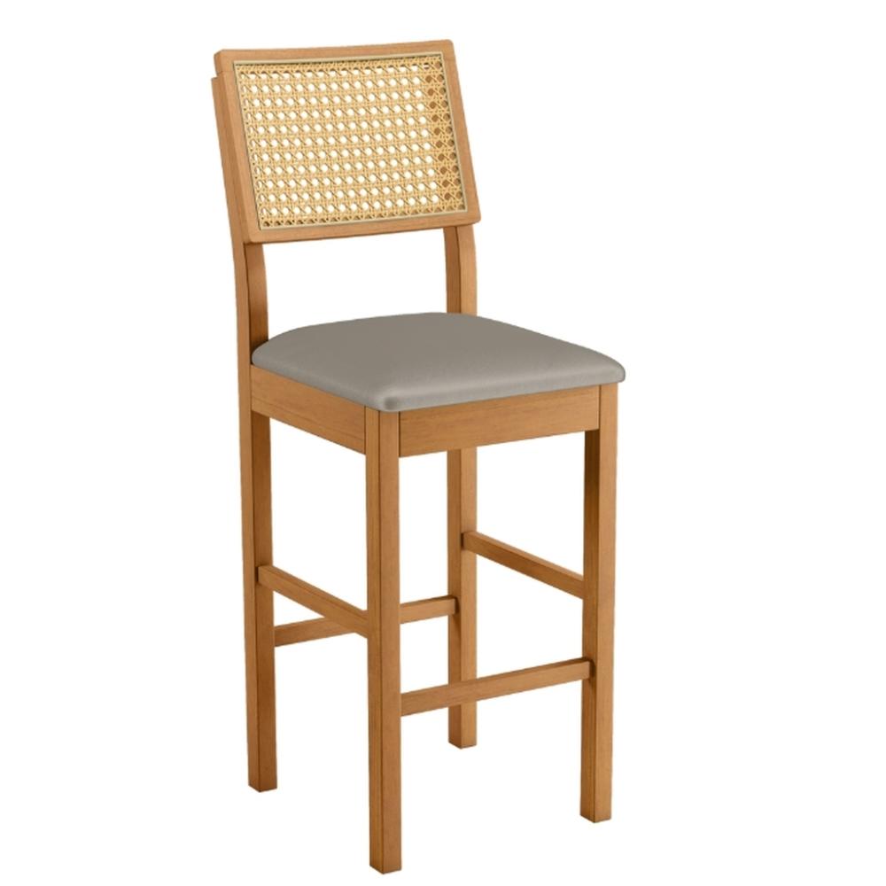 Banqueta Jade 03 com Rattan Veludo Cinza Pés em Madeira JCM