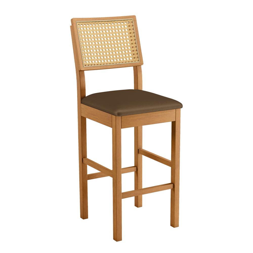Banqueta Jade 03 com Rattan Veludo Marrom Pés em Madeira JCM