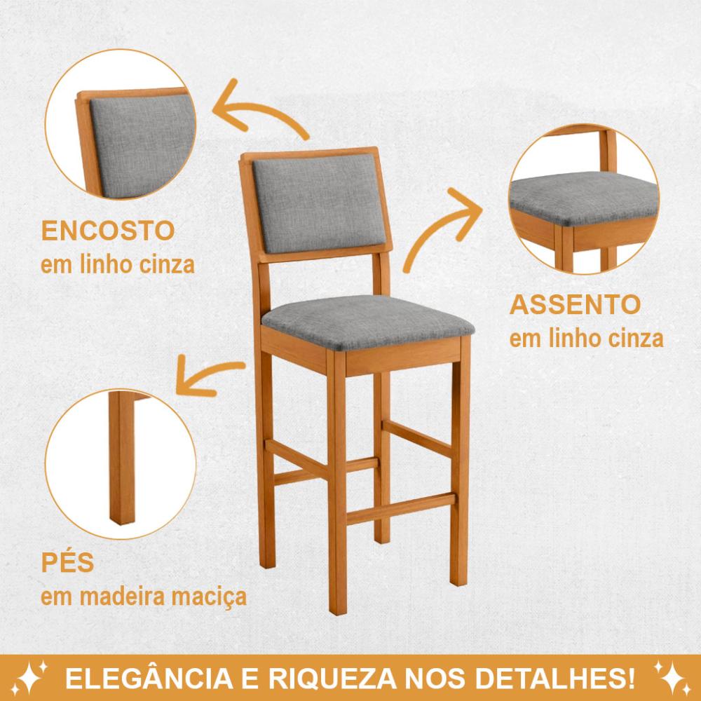 Banqueta Jade 04 Madeira Maciça JCM Linho Cinza