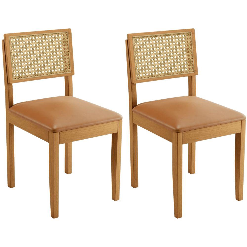 Conjunto 2 Cadeiras Jade 03 com Rattan Couro Caramelo Pés em Madeira JCM