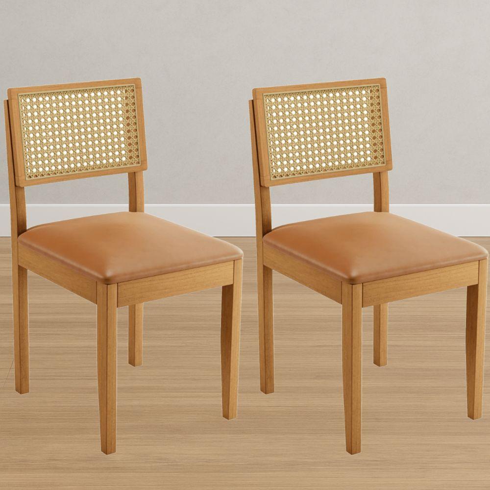 Conjunto 2 Cadeiras Jade 03 com Rattan Couro Caramelo Pés em Madeira JCM