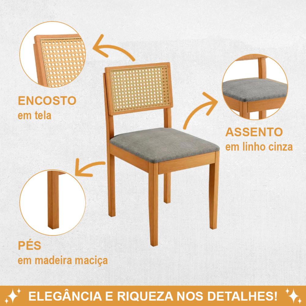 Conjunto 2 Cadeiras Jade 03 com Rattan Linho Cinza Pés em Madeira JCM