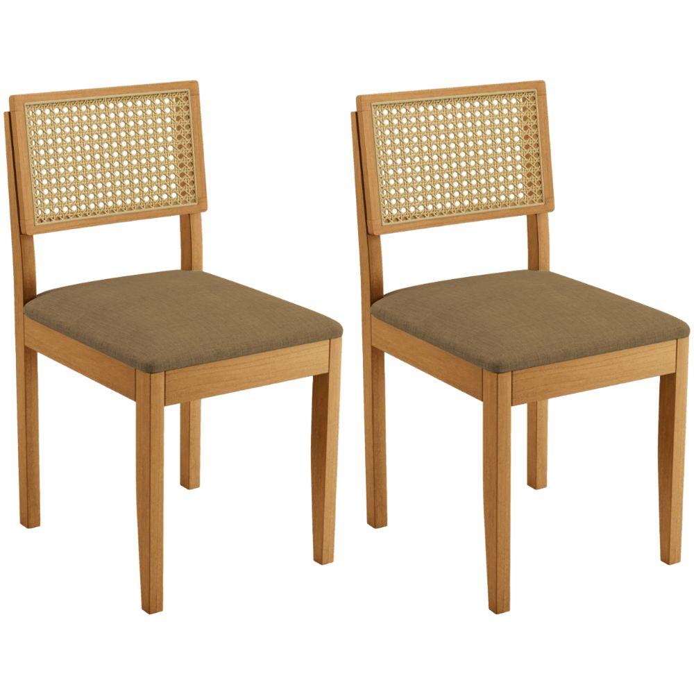 Conjunto 2 Cadeiras Jade 03 com Rattan Linho Marrom Pés em Madeira JCM