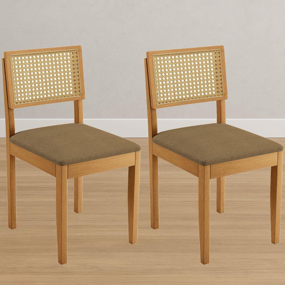 Conjunto 2 Cadeiras Jade 03 com Rattan Linho Marrom Pés em Madeira JCM
