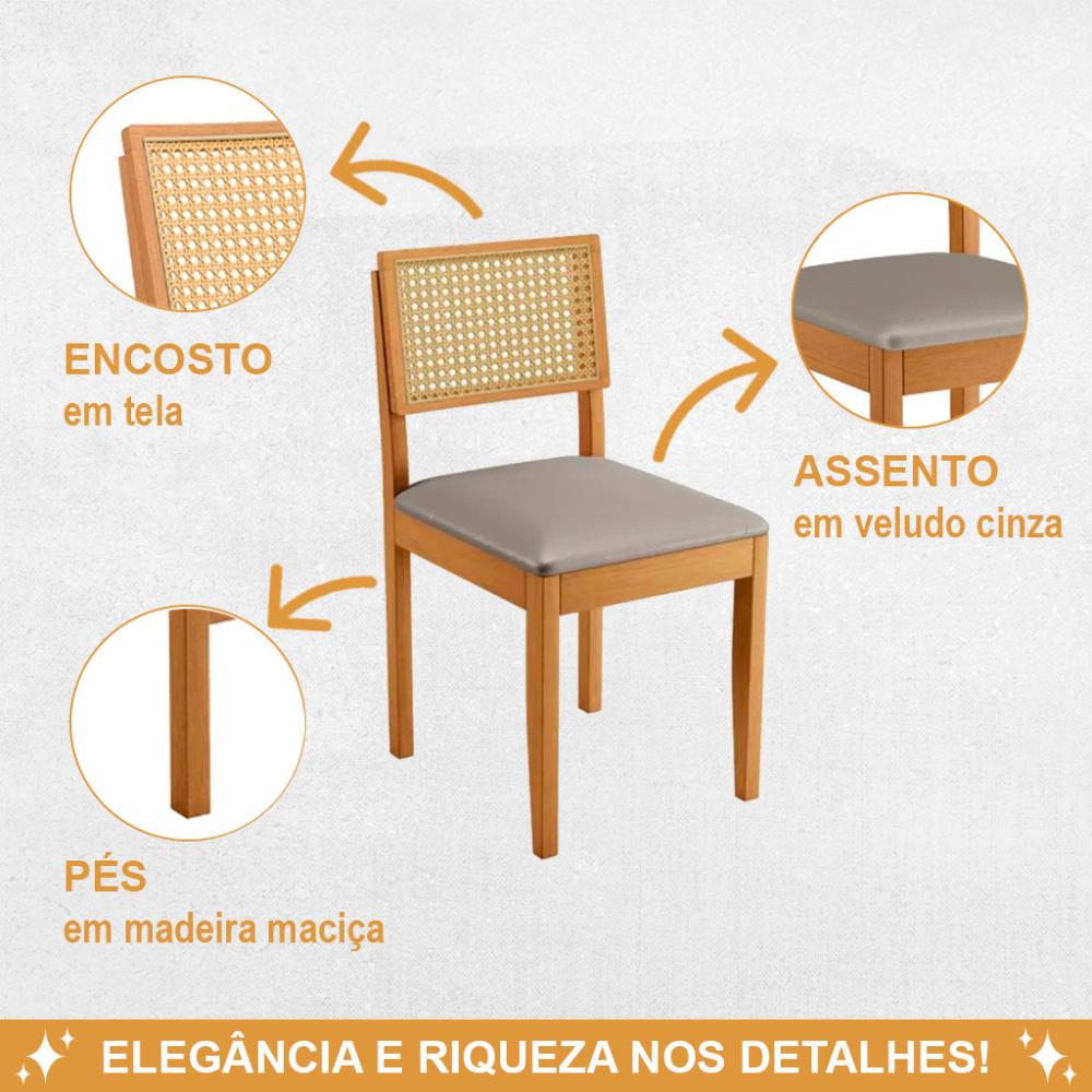 Conjunto 2 Cadeiras Jade 03 com Rattan Veludo Bege Pés em Madeira JCM