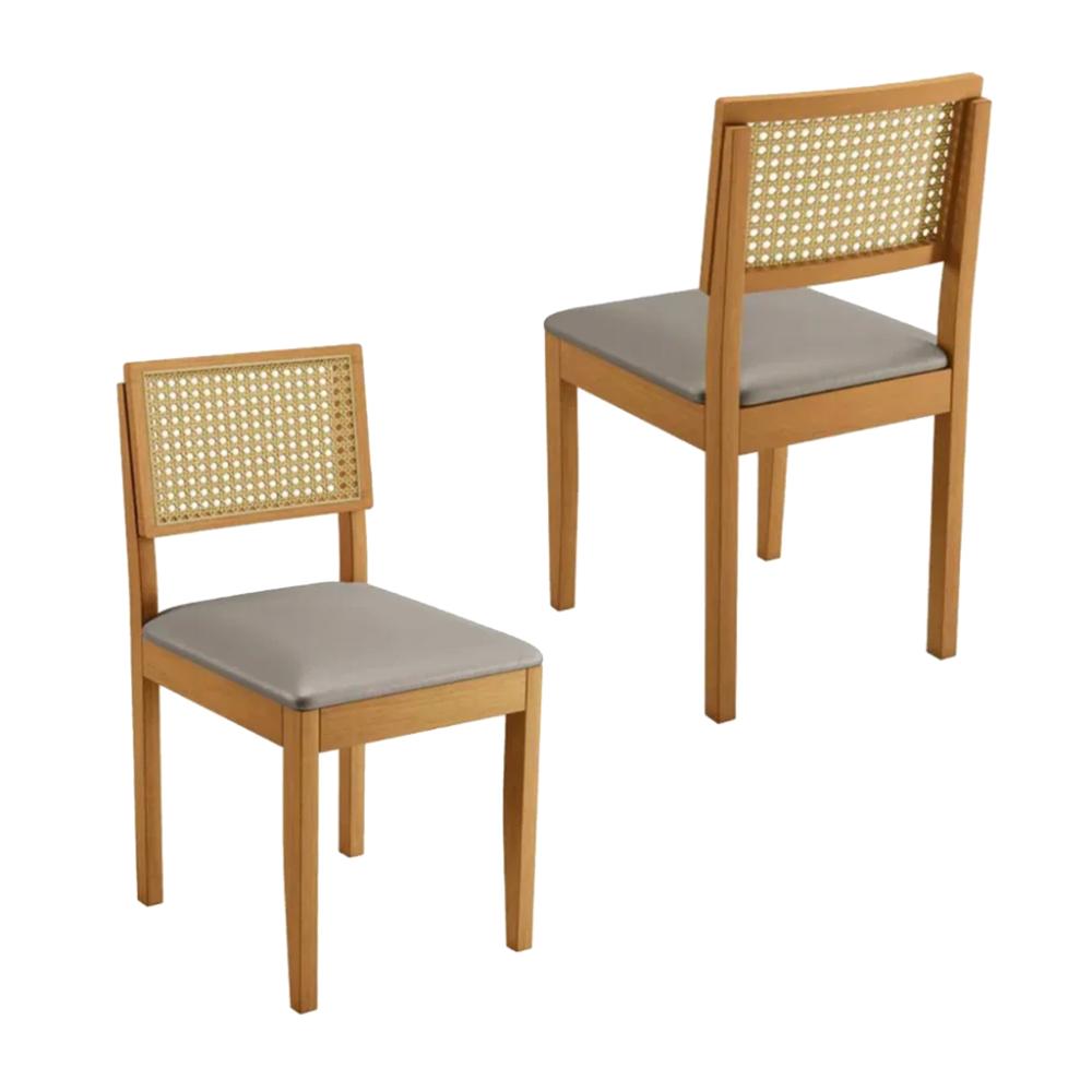 Conjunto 2 Cadeiras Jade 03 com Rattan Veludo Bege Pés em Madeira JCM