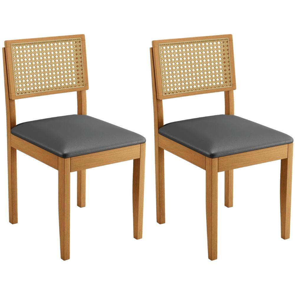 Conjunto 2 Cadeiras Jade 03 com Rattan Veludo Cinza Pés em Madeira JCM