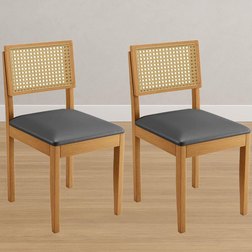 Conjunto 2 Cadeiras Jade 03 com Rattan Veludo Cinza Pés em Madeira JCM