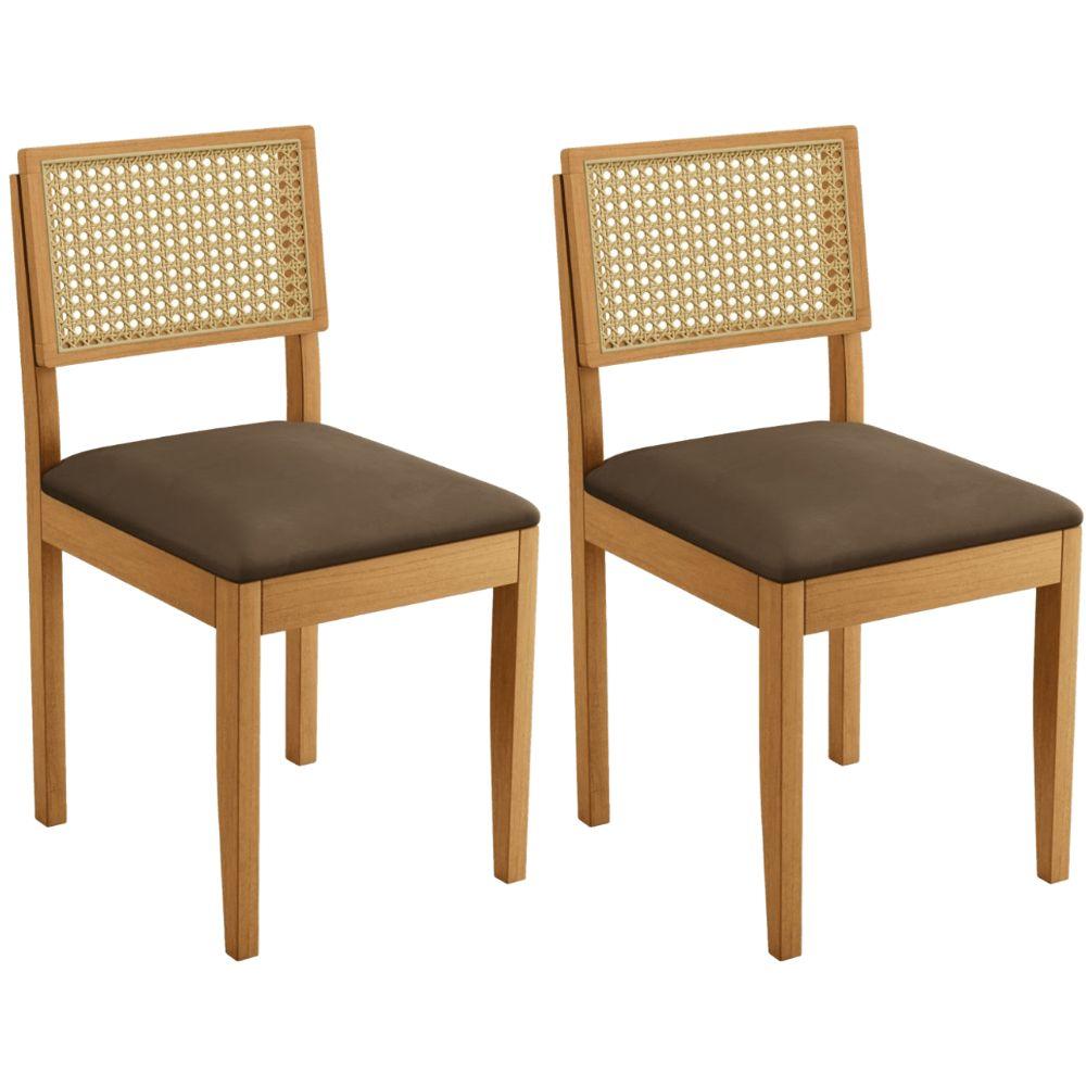 Conjunto 2 Cadeiras Jade 03 com Rattan Veludo Marrom Pés em Madeira JCM