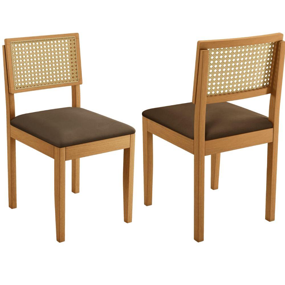 Conjunto 2 Cadeiras Jade 03 com Rattan Veludo Marrom Pés em Madeira JCM