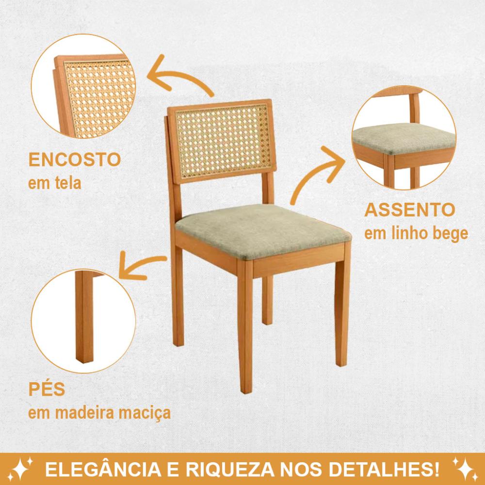 Conjunto 2 Cadeiras de Jantar Jade 03 em Madeira Maciça JCM e Encosto Rattan e Linho Bege