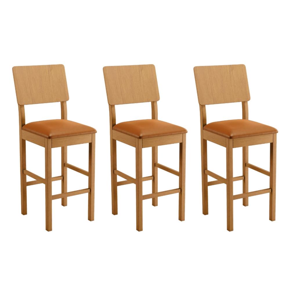 Conjunto 3 Banquetas Jade 01 Couro Caramelo Pés em Madeira JCM