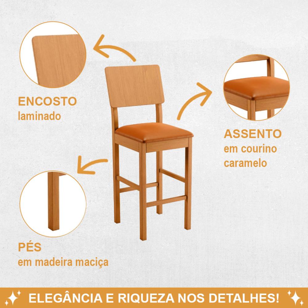 Conjunto 3 Banquetas Jade 01 Couro Caramelo Pés em Madeira JCM