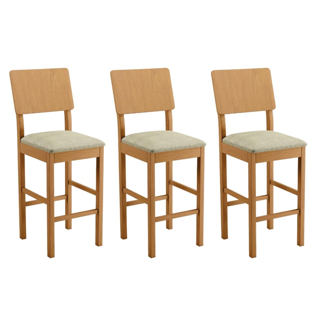 Conjunto 3 Banquetas Jade 01 Linho Bege Pés em Madeira JCM