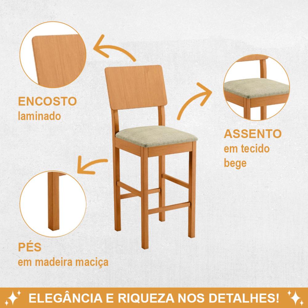 Conjunto 3 Banquetas Jade 01 Linho Bege Pés em Madeira JCM
