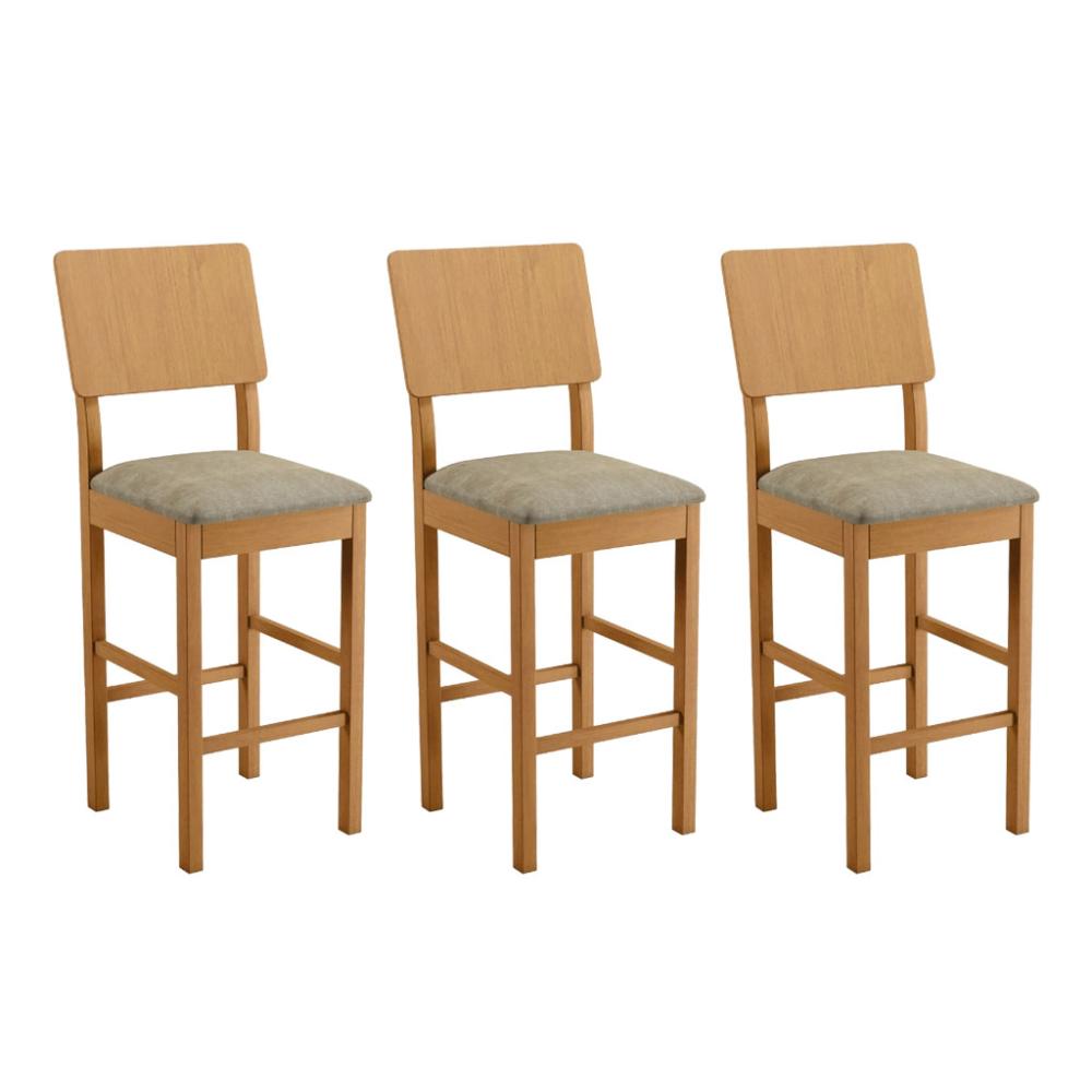 Conjunto 3 Banquetas Jade 01 Veludo Cinza Pés em Madeira JCM
