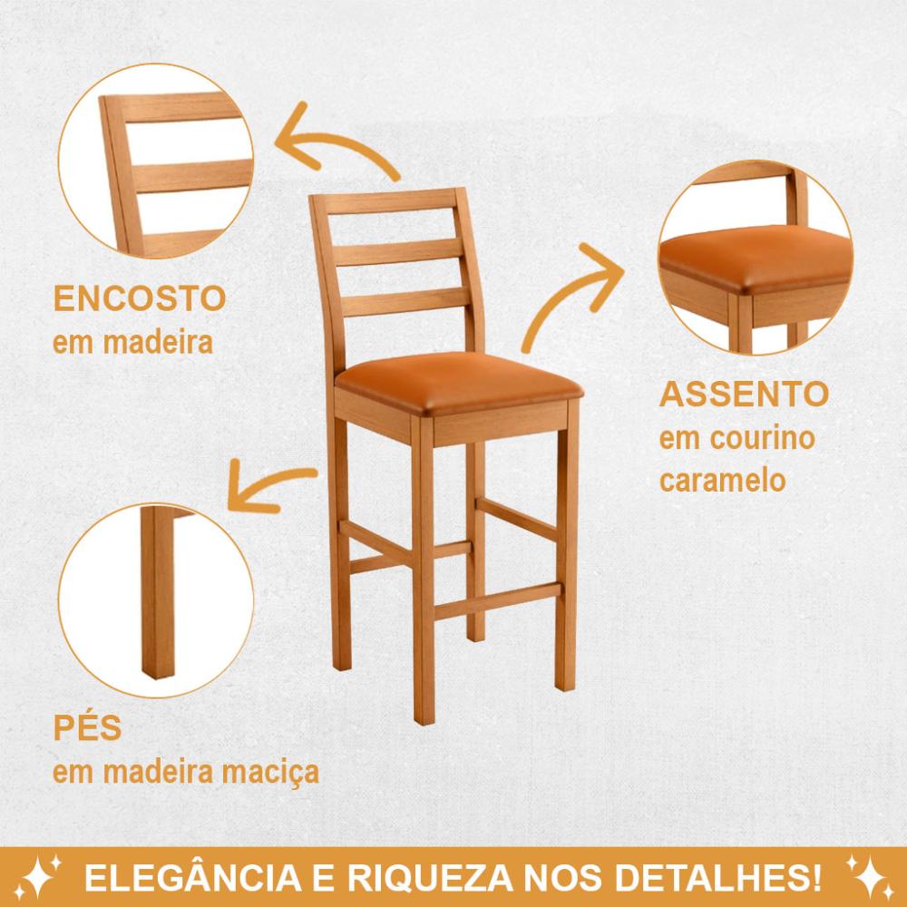 Conjunto 3 Banquetas Jade 02 Couro Caramelo Pés em Madeira JCM