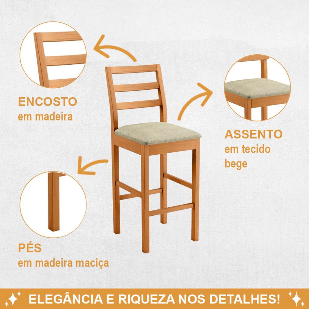 Conjunto 3 Banquetas Jade 02 Linho Bege Pés em Madeira JCM