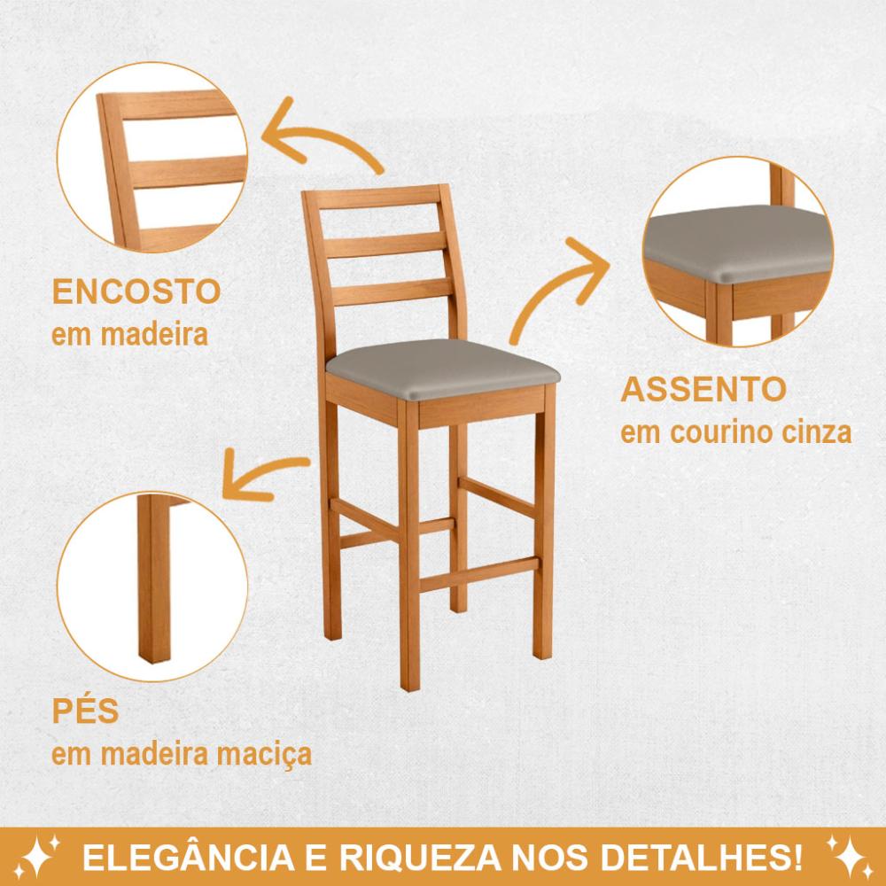 Conjunto 3 Banquetas Jade 02 Veludo Cinza Pés em Madeira JCM