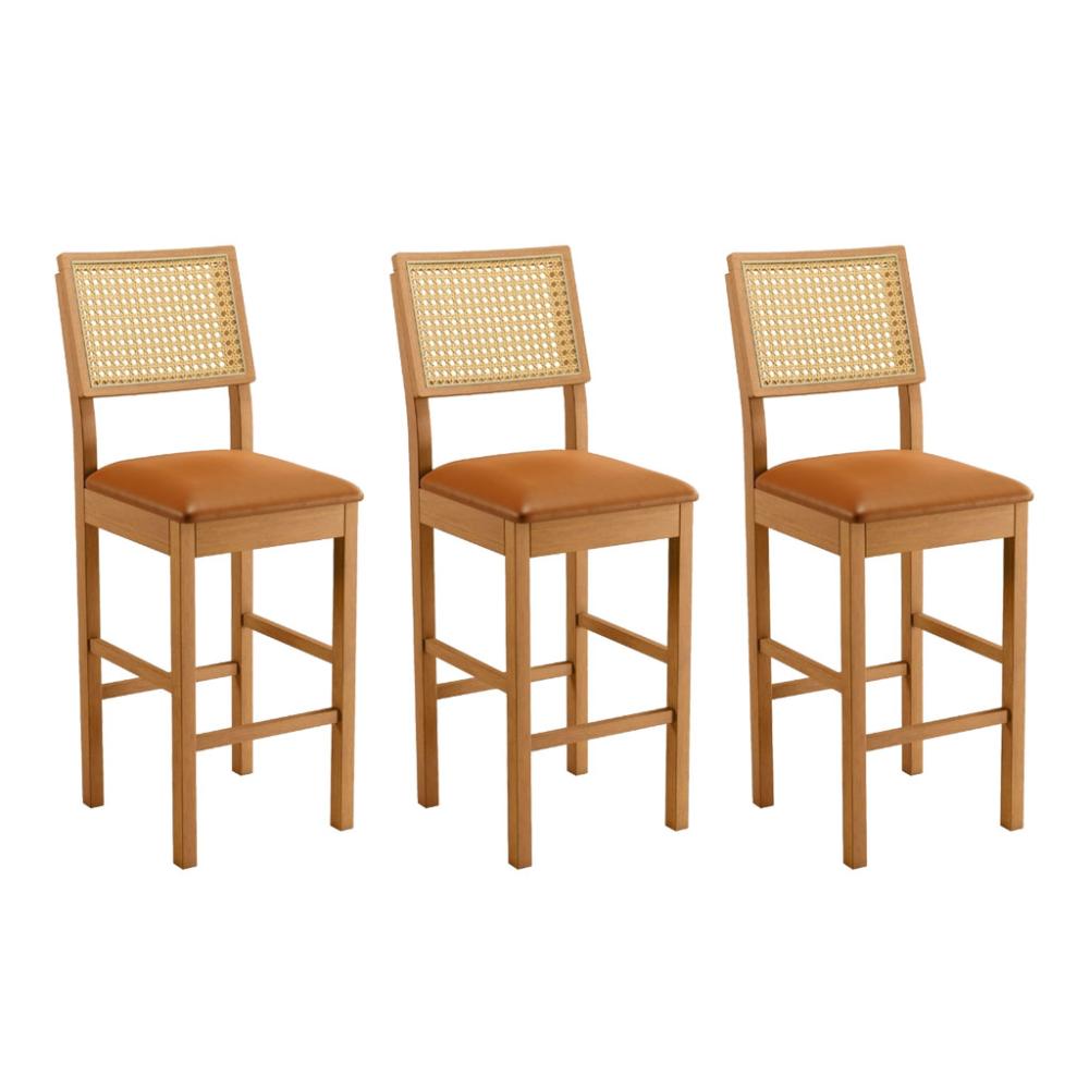 Conjunto 3 Banquetas Jade 03 com Rattan Couro Caramelo Pés em Madeira JCM