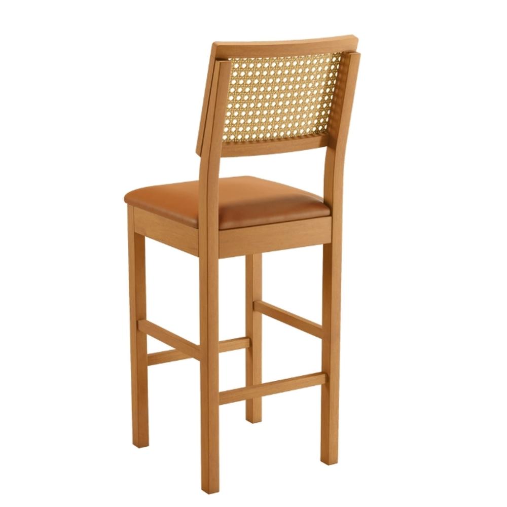 Conjunto 3 Banquetas Jade 03 com Rattan Couro Caramelo Pés em Madeira JCM