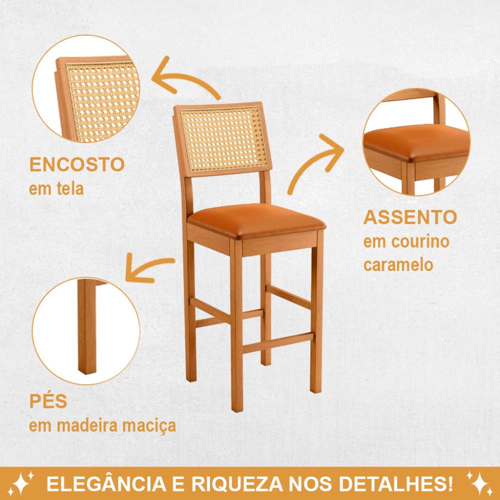 Conjunto 3 Banquetas Jade 03 com Rattan Couro Caramelo Pés em Madeira JCM
