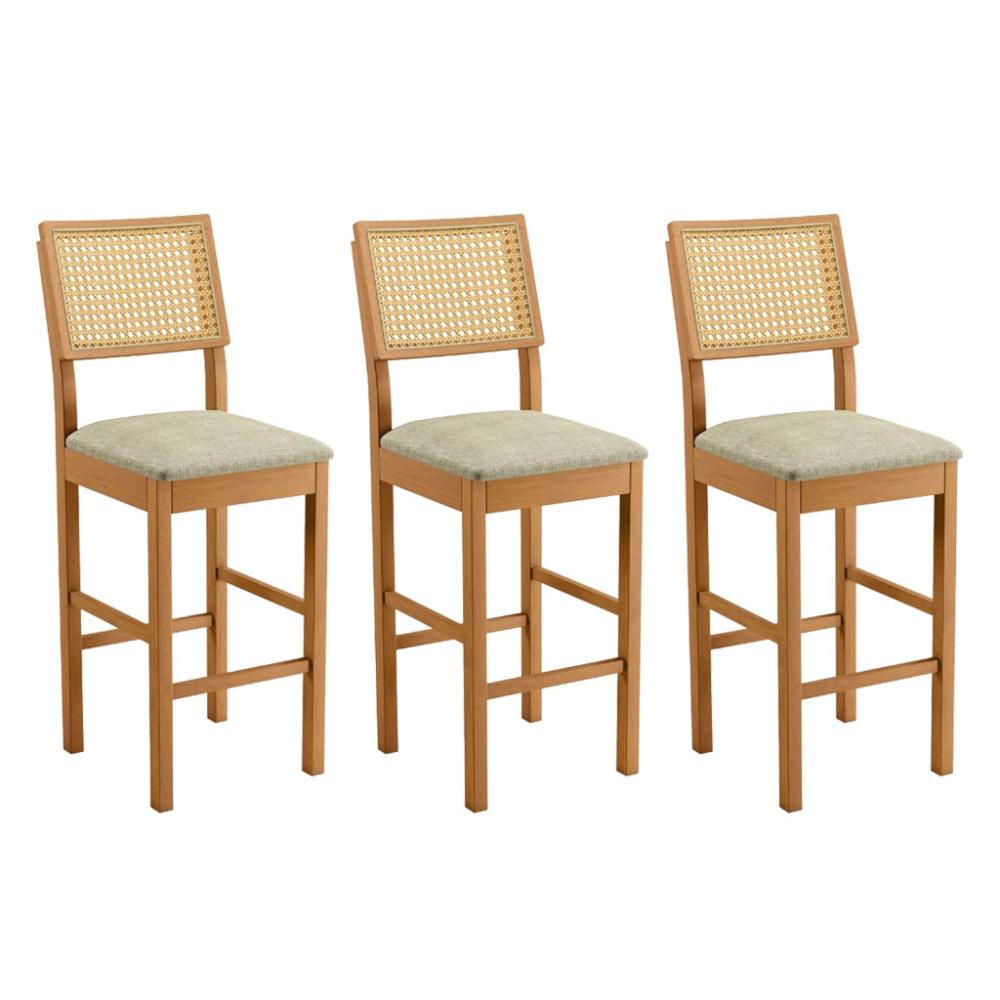 Conjunto 3 Banquetas Jade 03 com Rattan Linho Bege Pés em Madeira JCM
