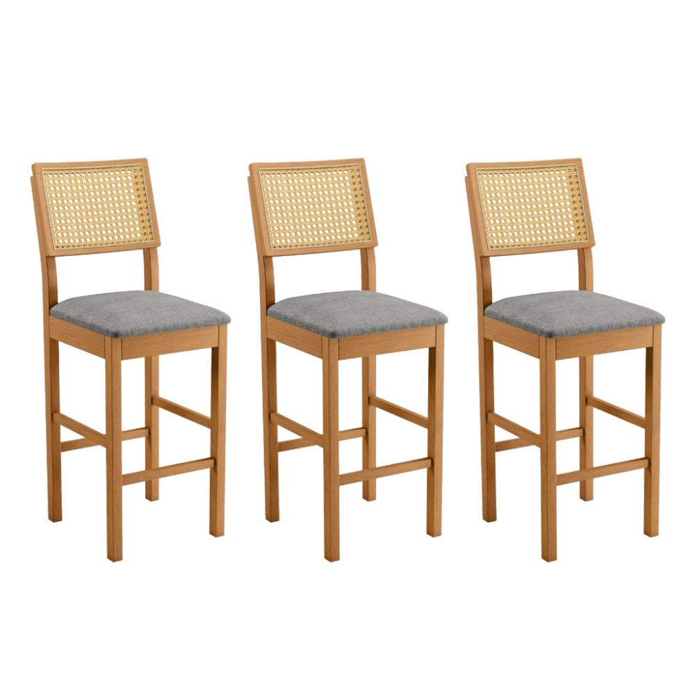 Conjunto 3 Banquetas Jade 03 com Rattan Linho Cinza Pés em Madeira JCM