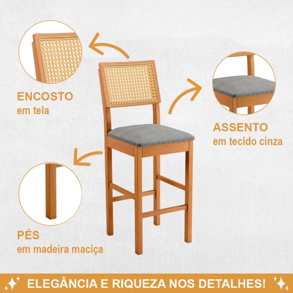Conjunto 3 Banquetas Jade 03 com Rattan Linho Cinza Pés em Madeira JCM