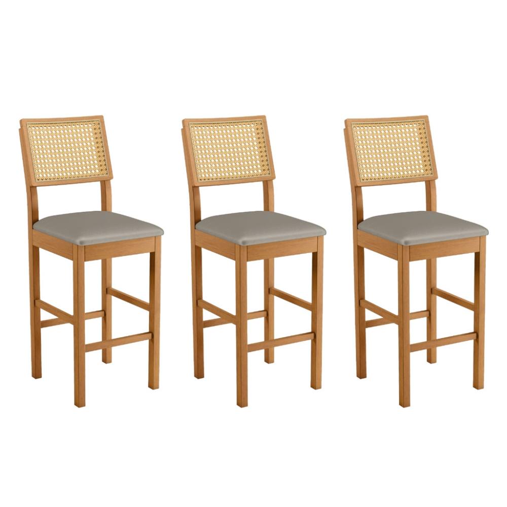 Conjunto 3 Banquetas Jade 03 com Rattan Veludo Cinza Pés em Madeira JCM