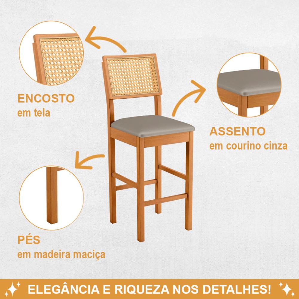 Conjunto 3 Banquetas Jade 03 com Rattan Veludo Cinza Pés em Madeira JCM