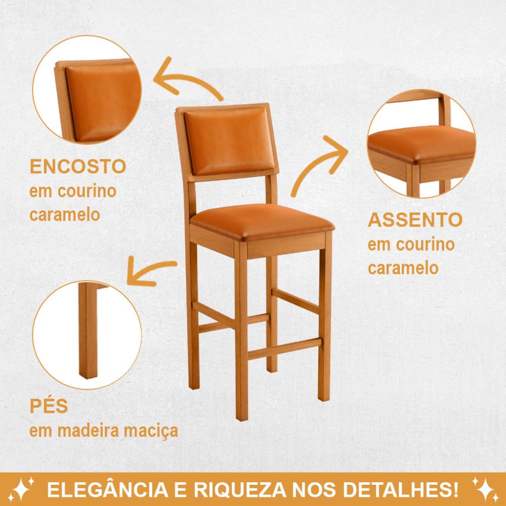 Conjunto 3 Banquetas Jade 04 Madeira Maciça JCM Couro Caramelo