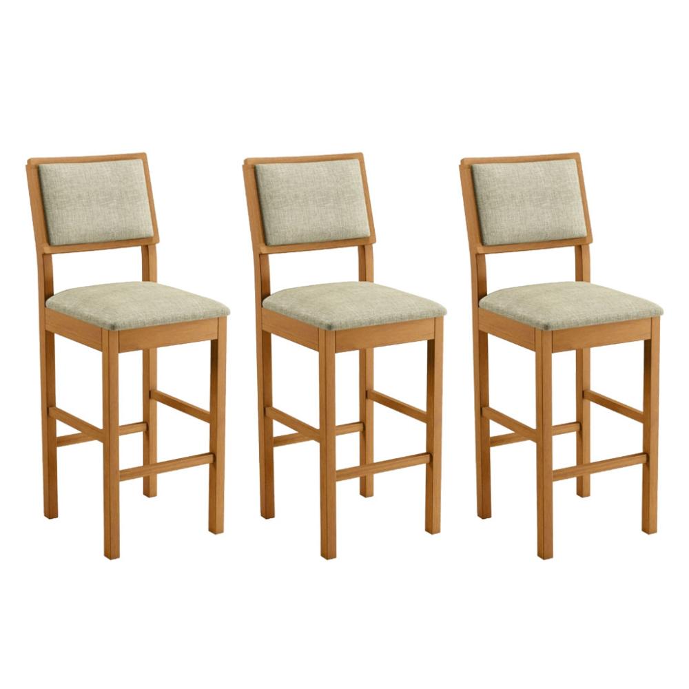 Conjunto 3 Banquetas Jade 04 Madeira Maciça JCM Linho Bege