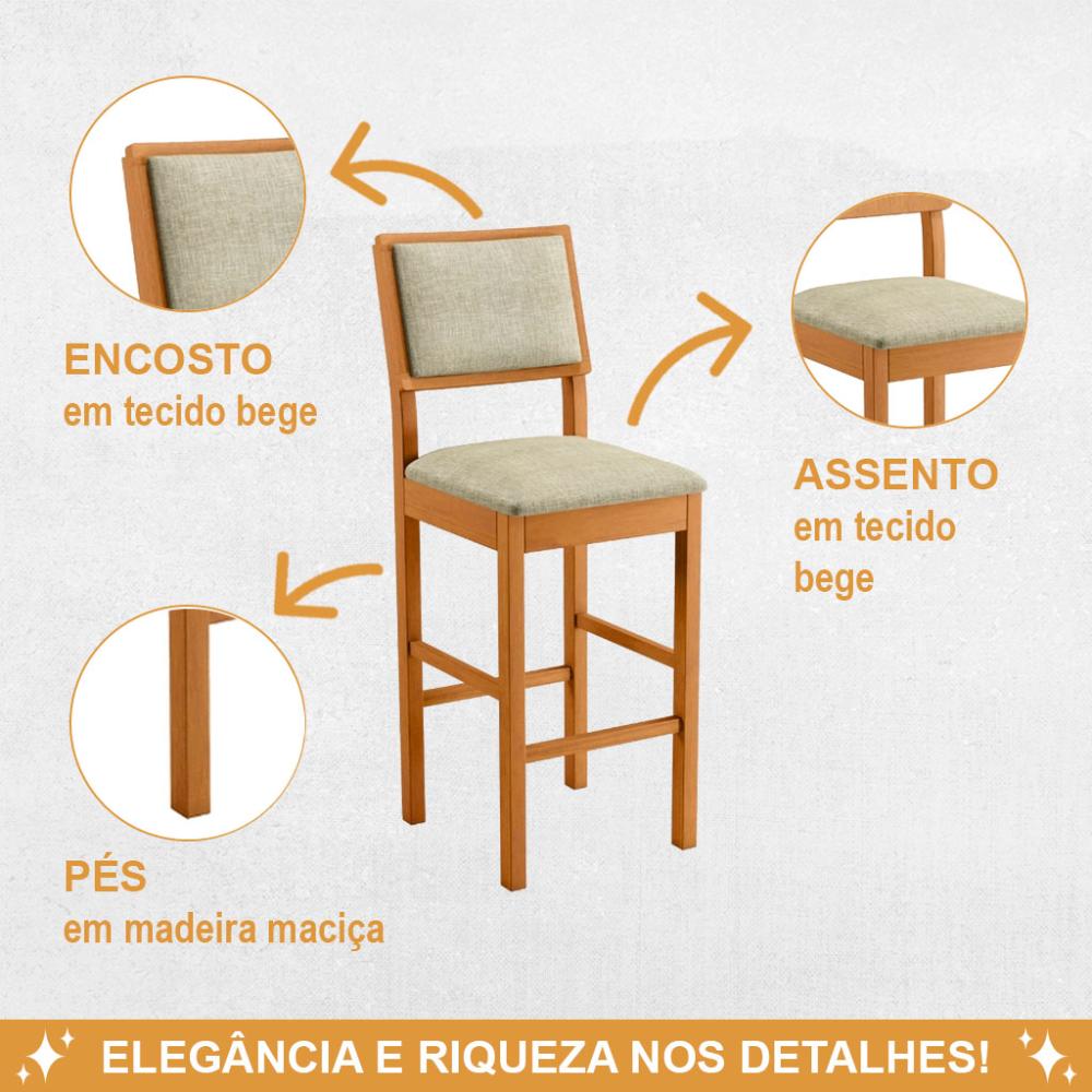 Conjunto 3 Banquetas Jade 04 Madeira Maciça JCM Linho Bege